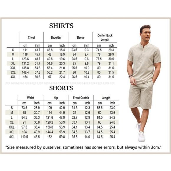 Men's 2 Pieces Linen Set Casual Henley Shirts Short Sleeve Shorts Summer Outfit - Picture 6 of 6